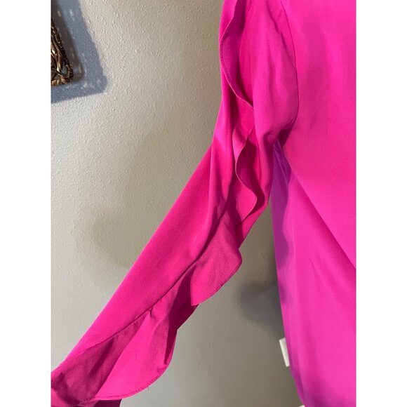 CeCe Shift Dress 10 Pink Long Ruffle Sleeve Faux Silk Career Church Washable - Picture 10 of 12